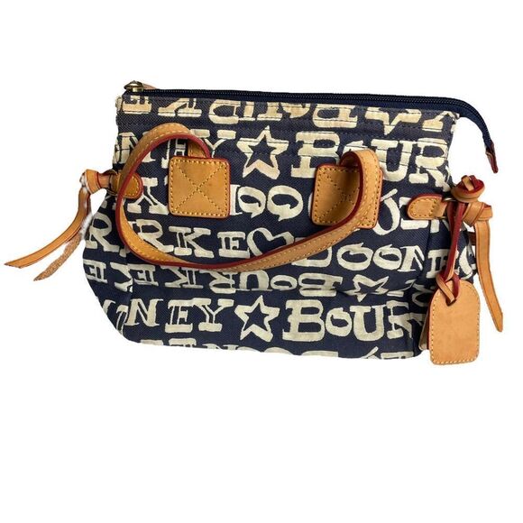 Authentic Vintage Dooney & Bourke logo Blue White Shoulder Bag Brown Leather - Picture 2 of 15